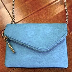 Small Turquoise clutch purse with gold zipper and gold chain strap